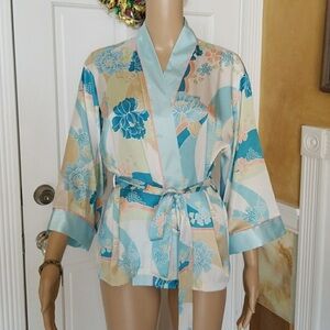 Floral Satin Kimono Robe - Blue and Cream